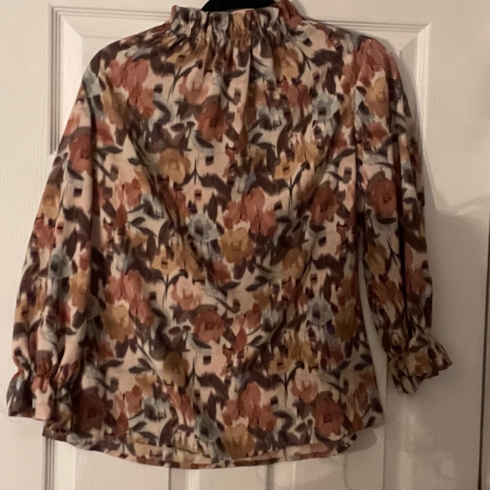 Brown 3/4 Sleeve Blouse with Ruffled Style and Mandarin Collar